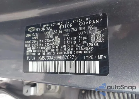 2017 Hyundai Tucson Limited/Sport And Eco/Se z USA, uszkodzony, nr VIN KM8J33A20HU526223